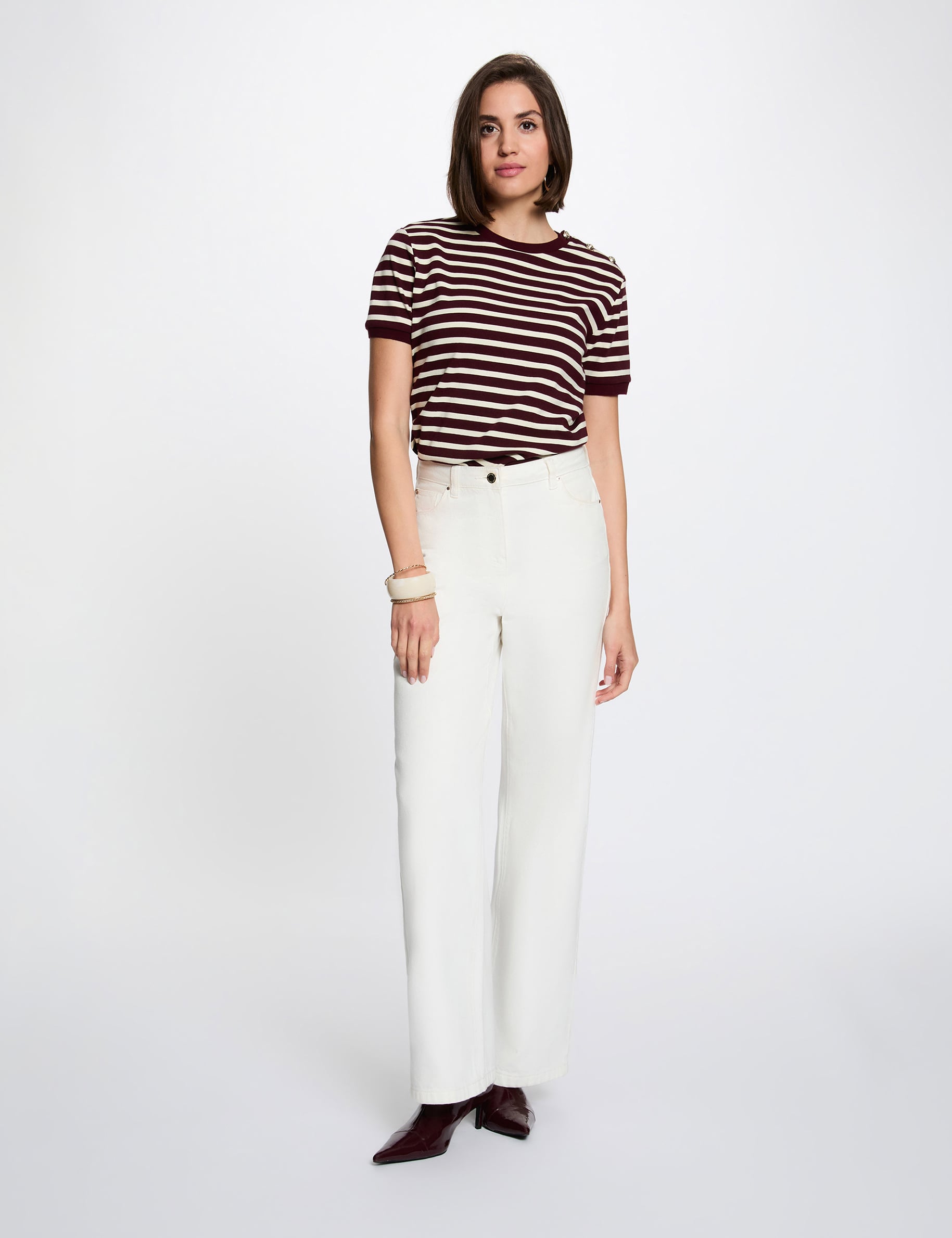 Camiseta de rayas con cuello redondo ciruela mujer