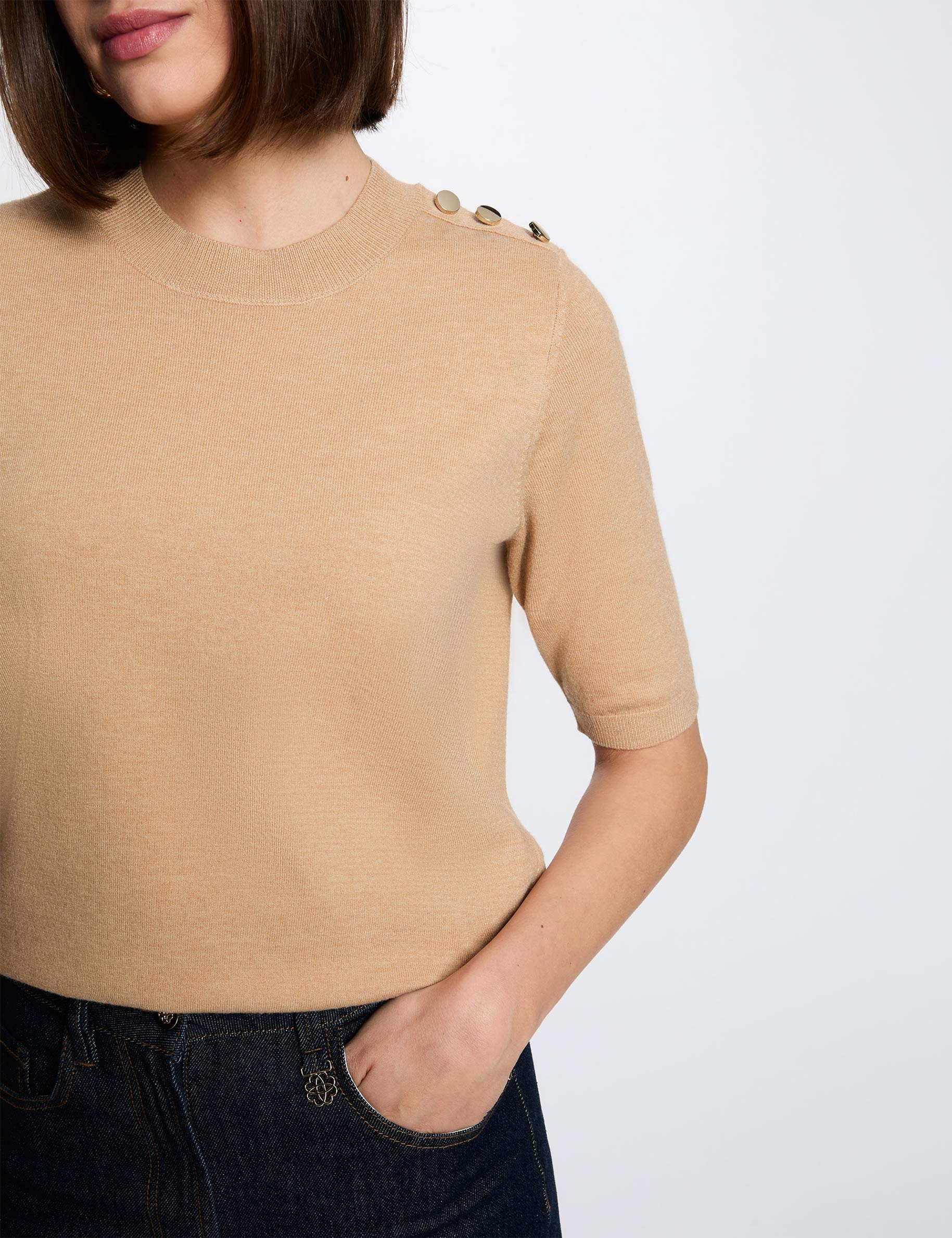 Jersey cuello redondo mangas cortas beige mujer