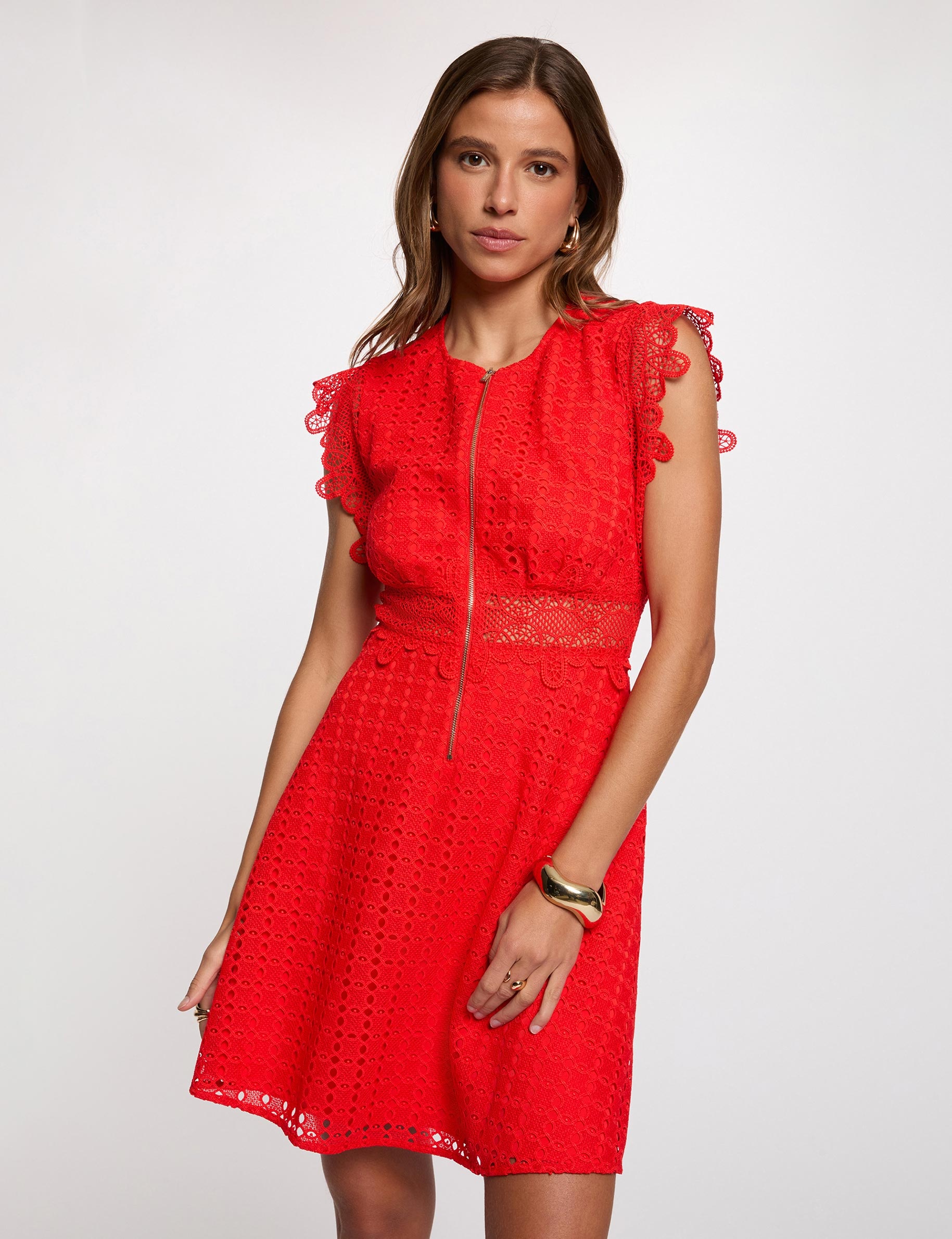 Vestido corto acampanado rojo vivo mujer