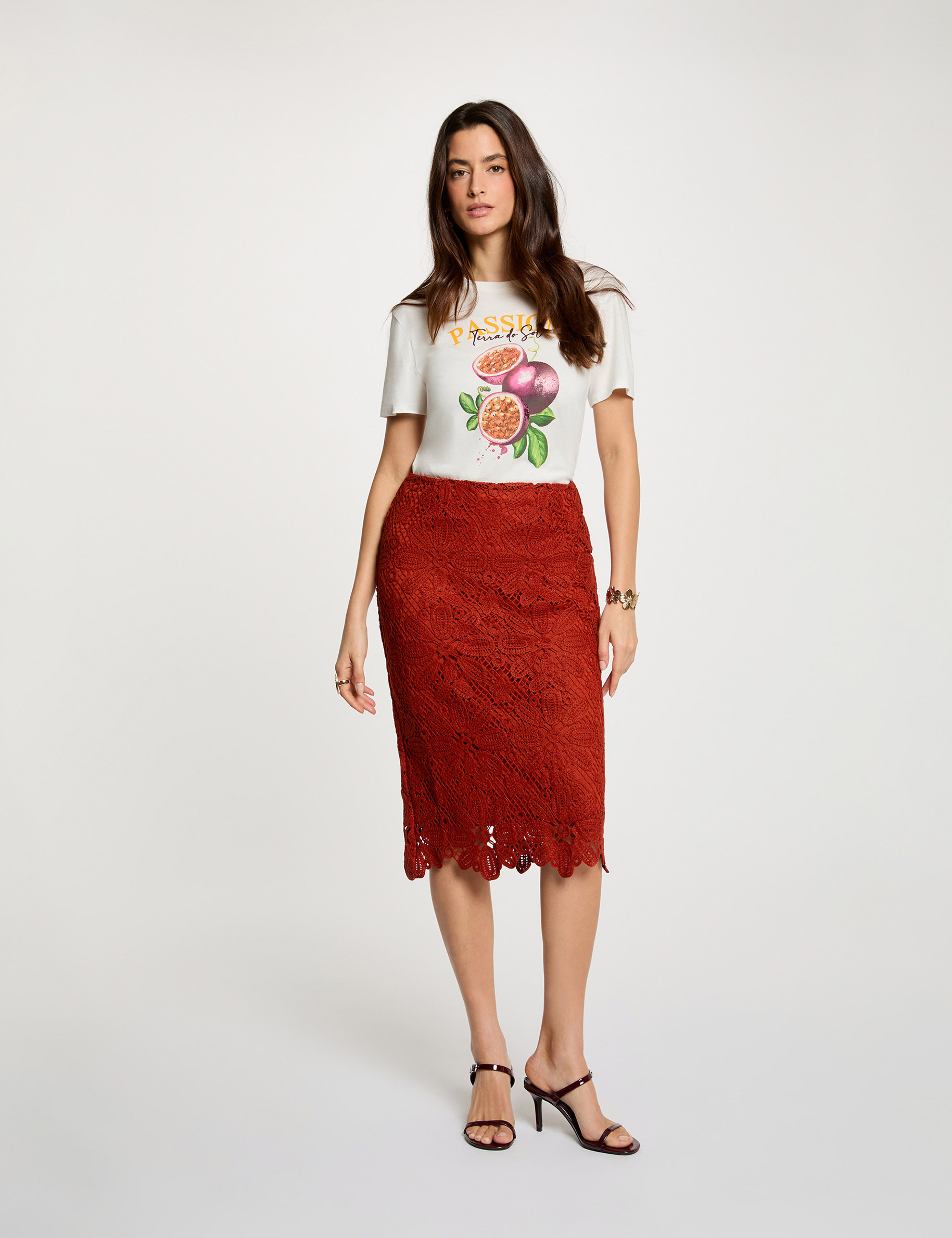 Falda midi de encaje naranja oscuro mujer