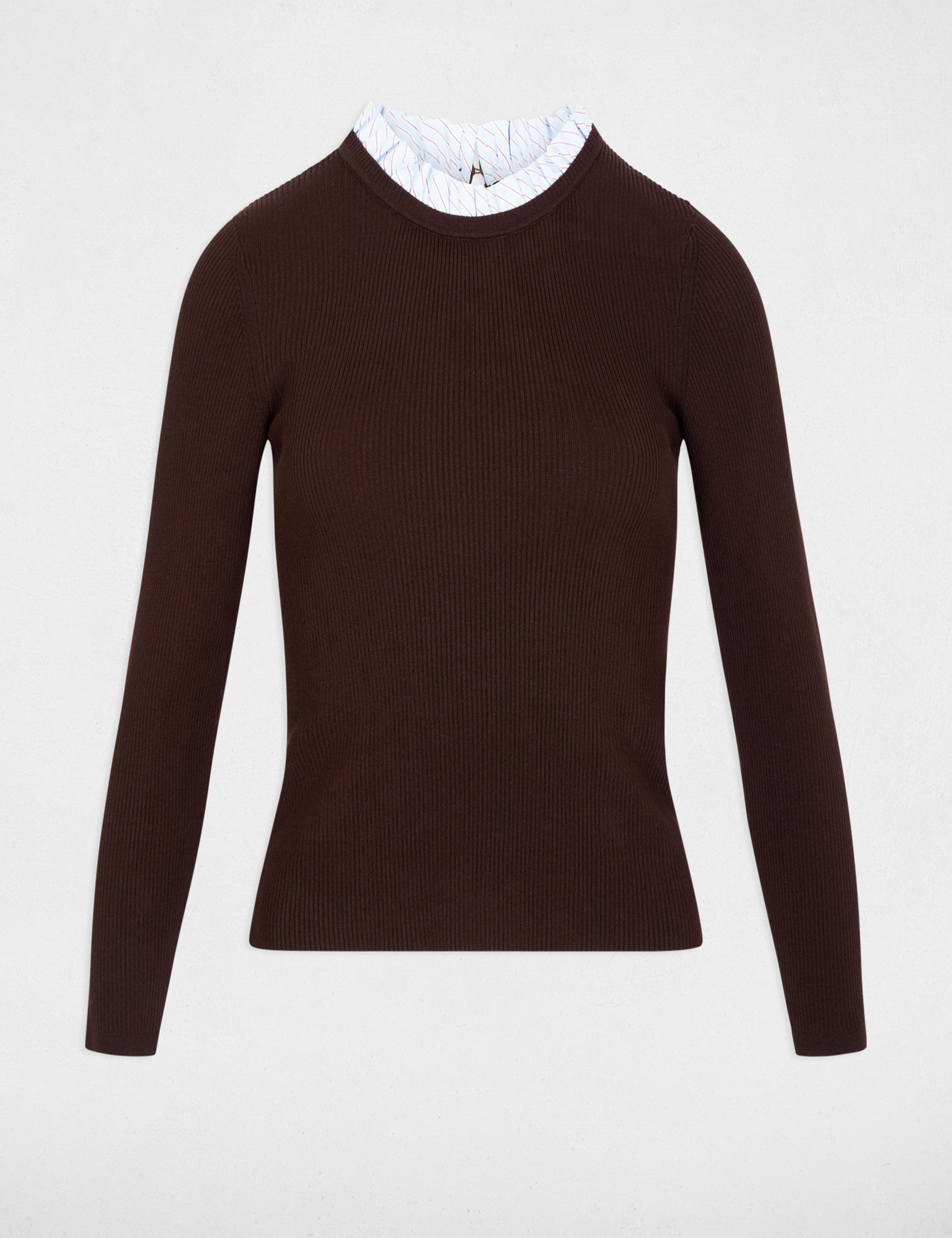 Jersey con cuello redondo y volante marr&oacute;n oscuro mujer