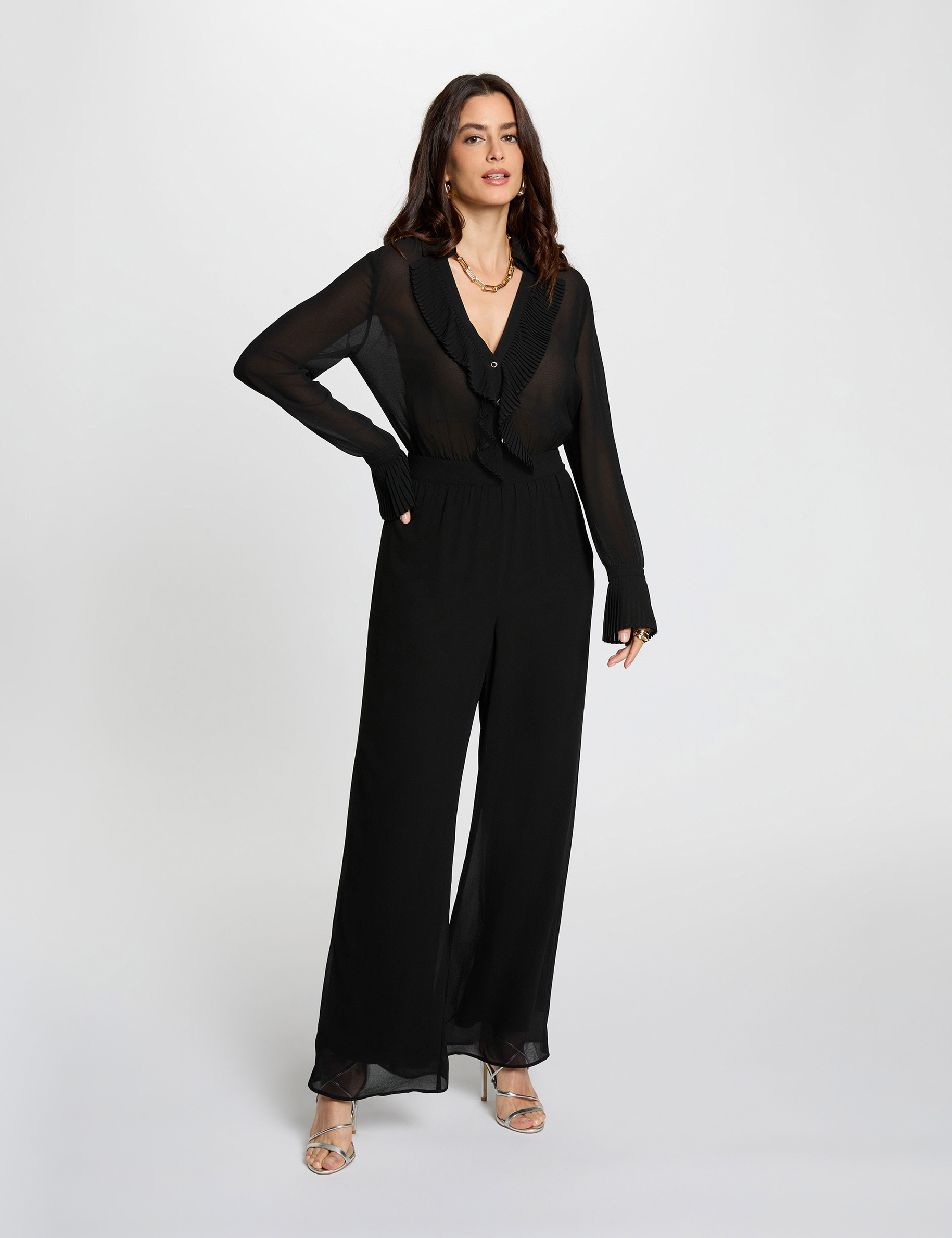 Mono fluido con cuello de solapa negro mujer