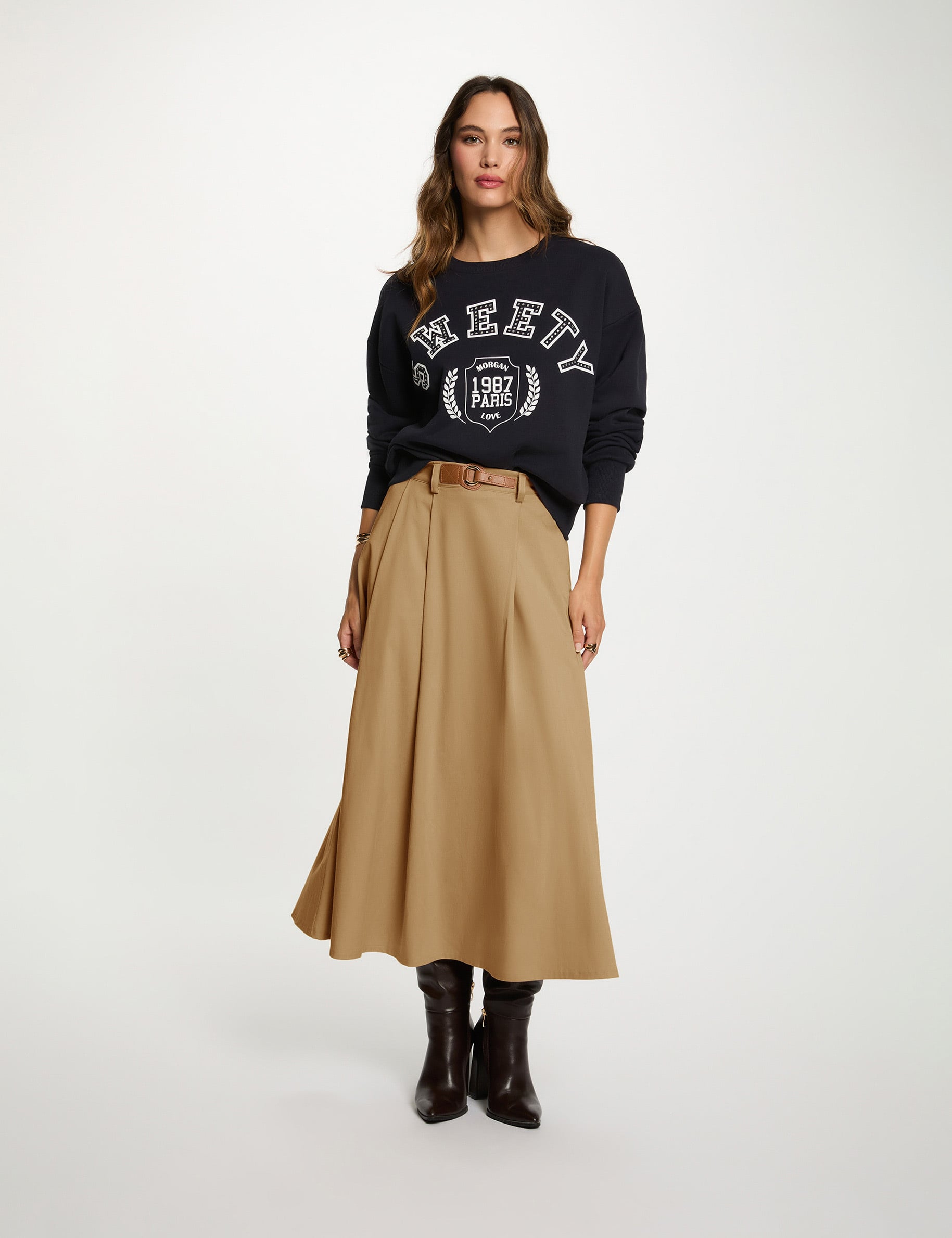 Falda evas&eacute; de talle alto beige mujer