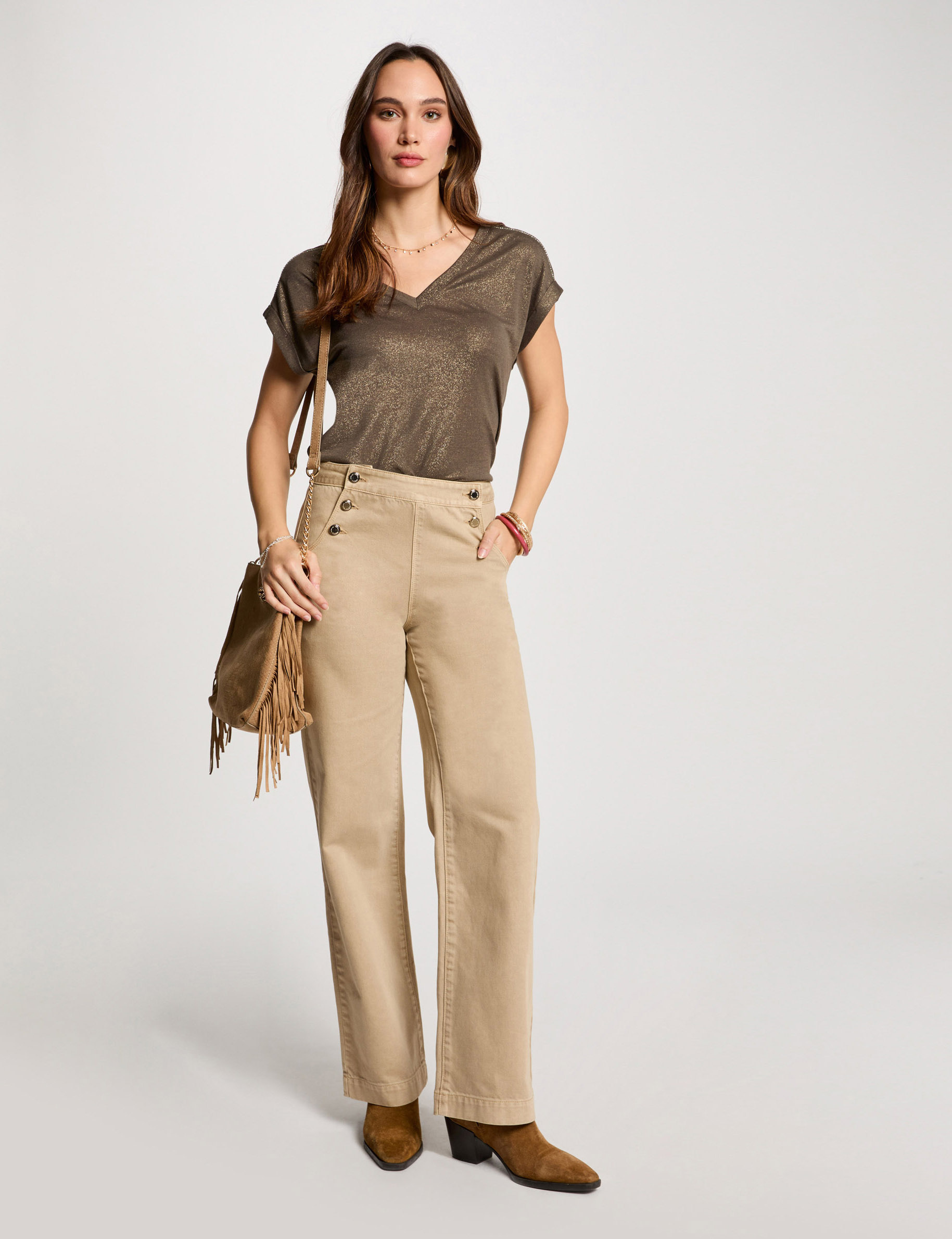 pantalon pernera ancha botones marron clair mujer Pantalón pernera ancha botones marron clair mujer