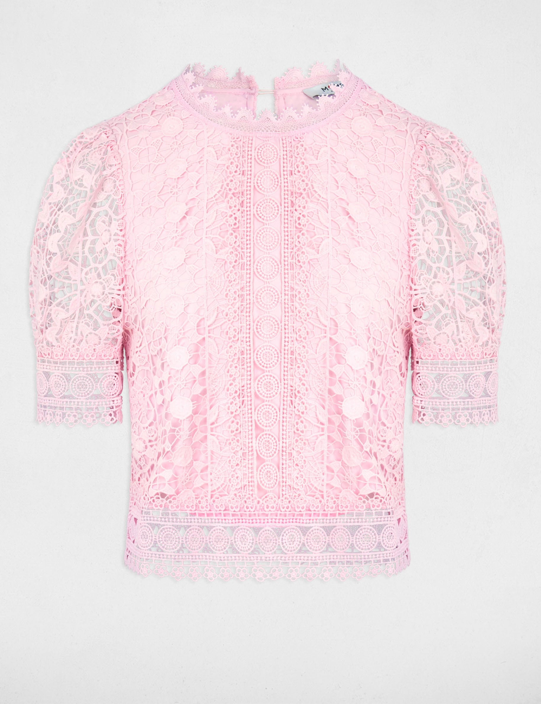 Blusa manga corta con encaje rosa mujer