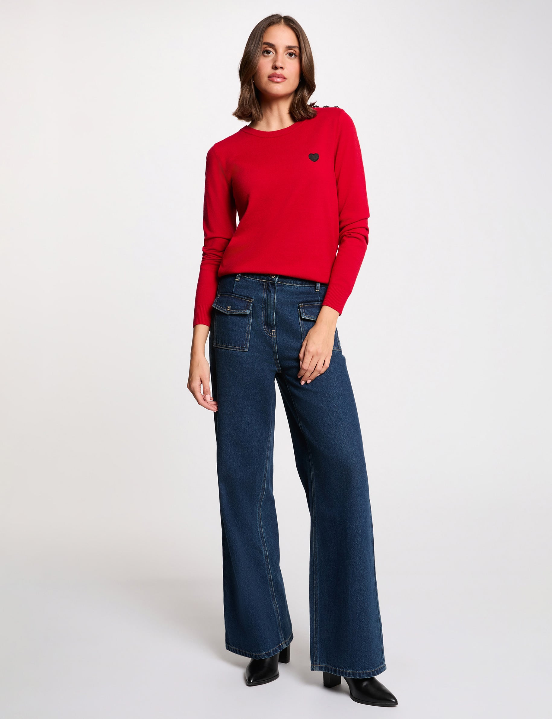 Jersey cuello redondo botones rojo mujer