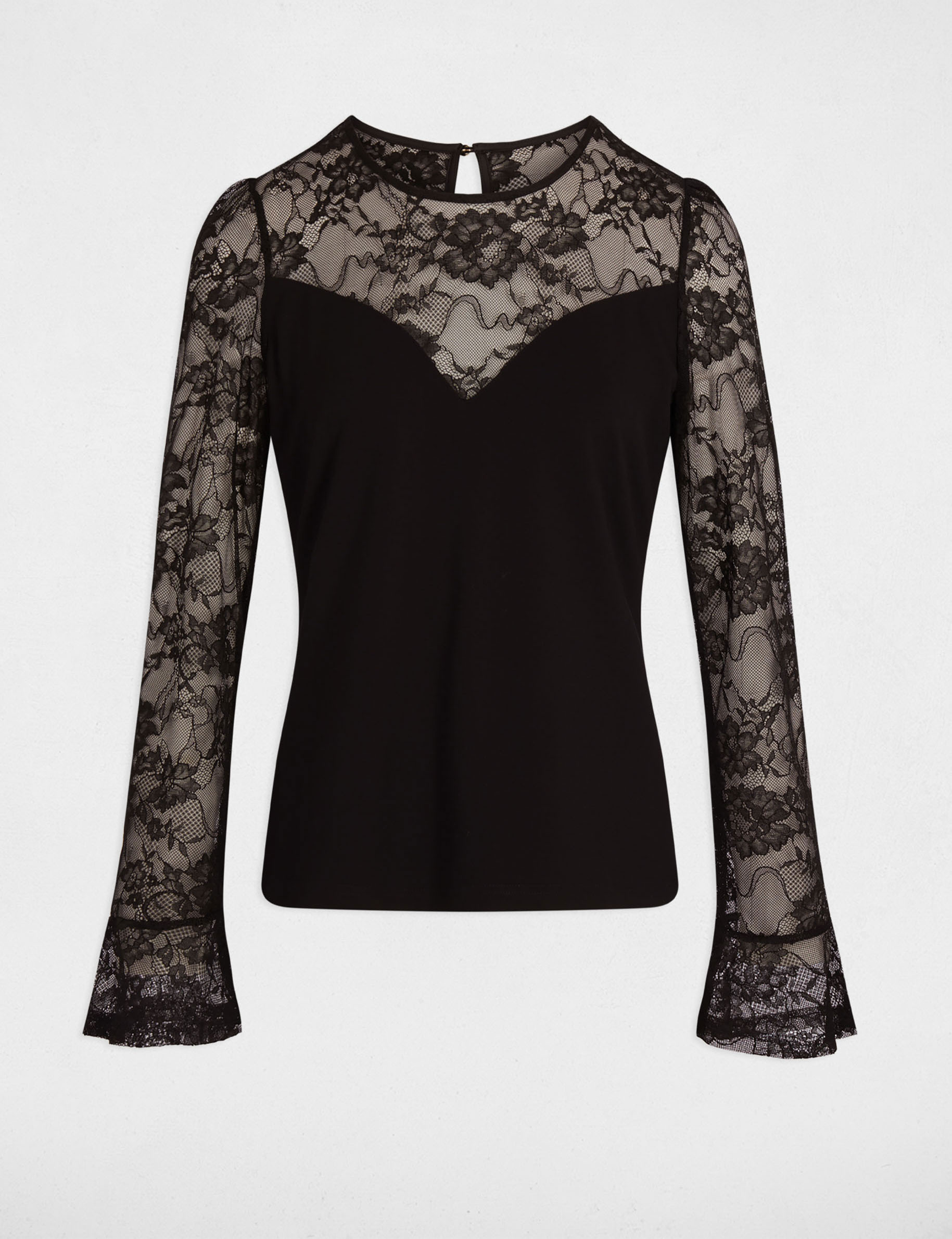 Camiseta entallada de encaje negro mujer