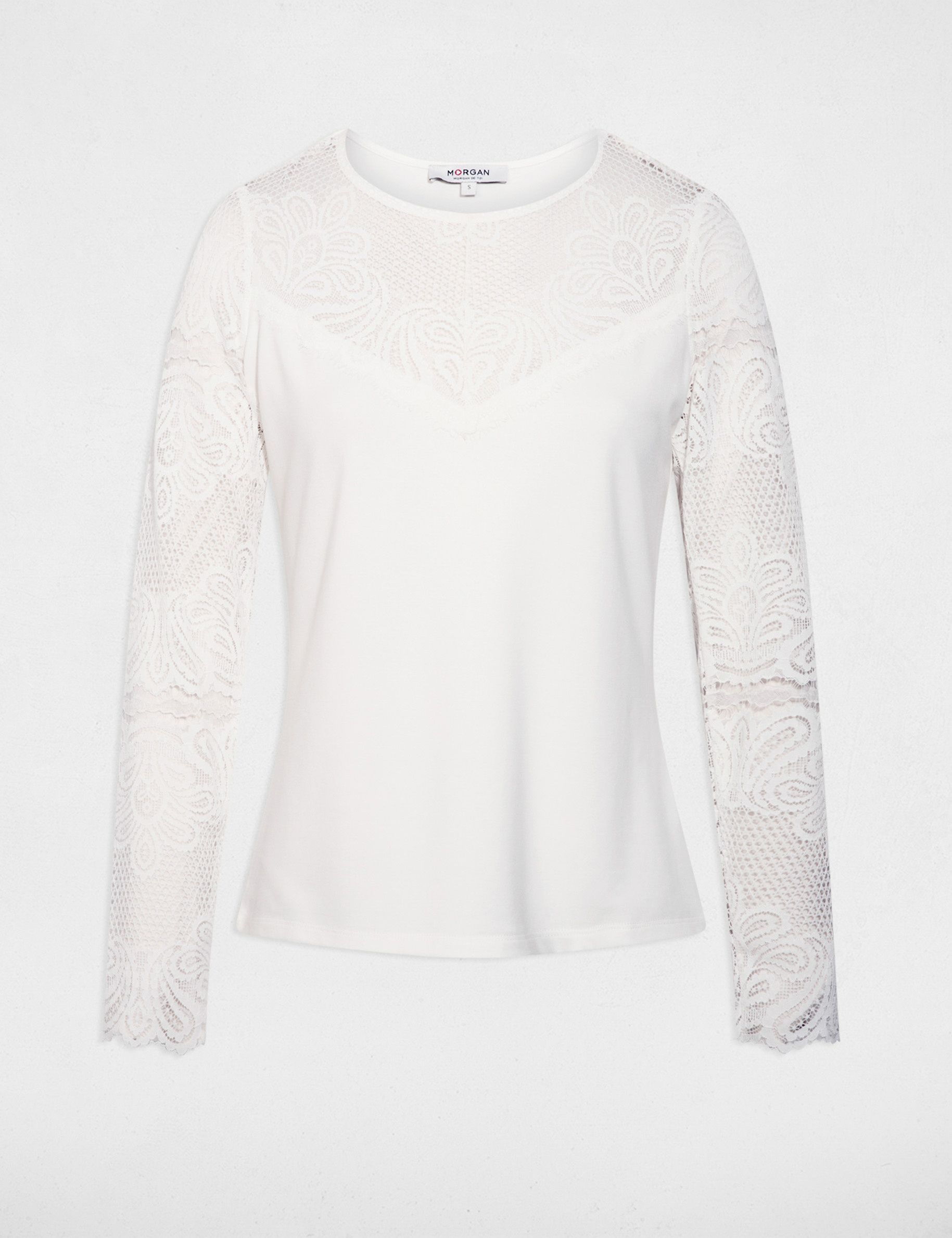 Camiseta de encaje manga larga blanco mujer
