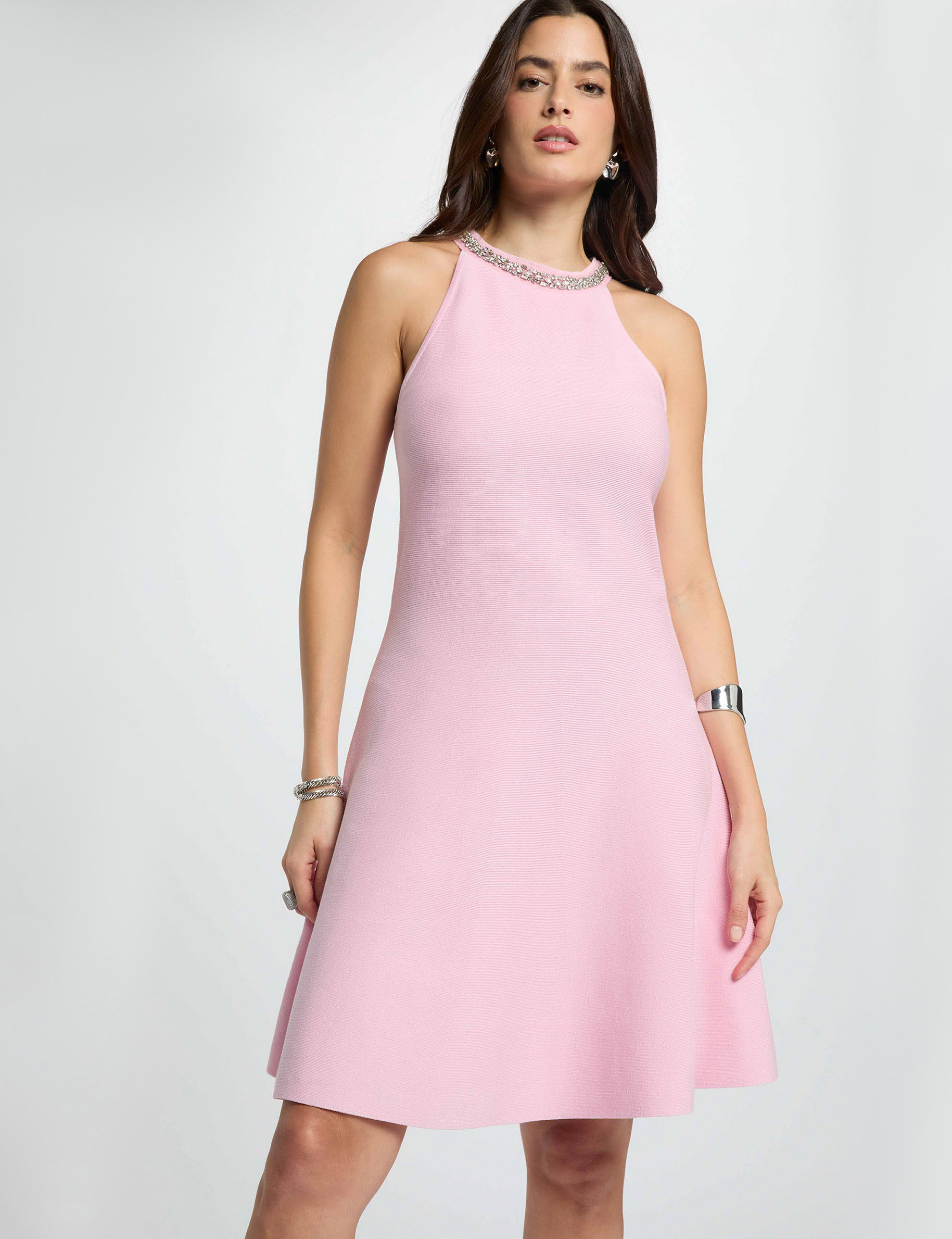 Vestido de punto en forma de trapecio rosa claro mujer