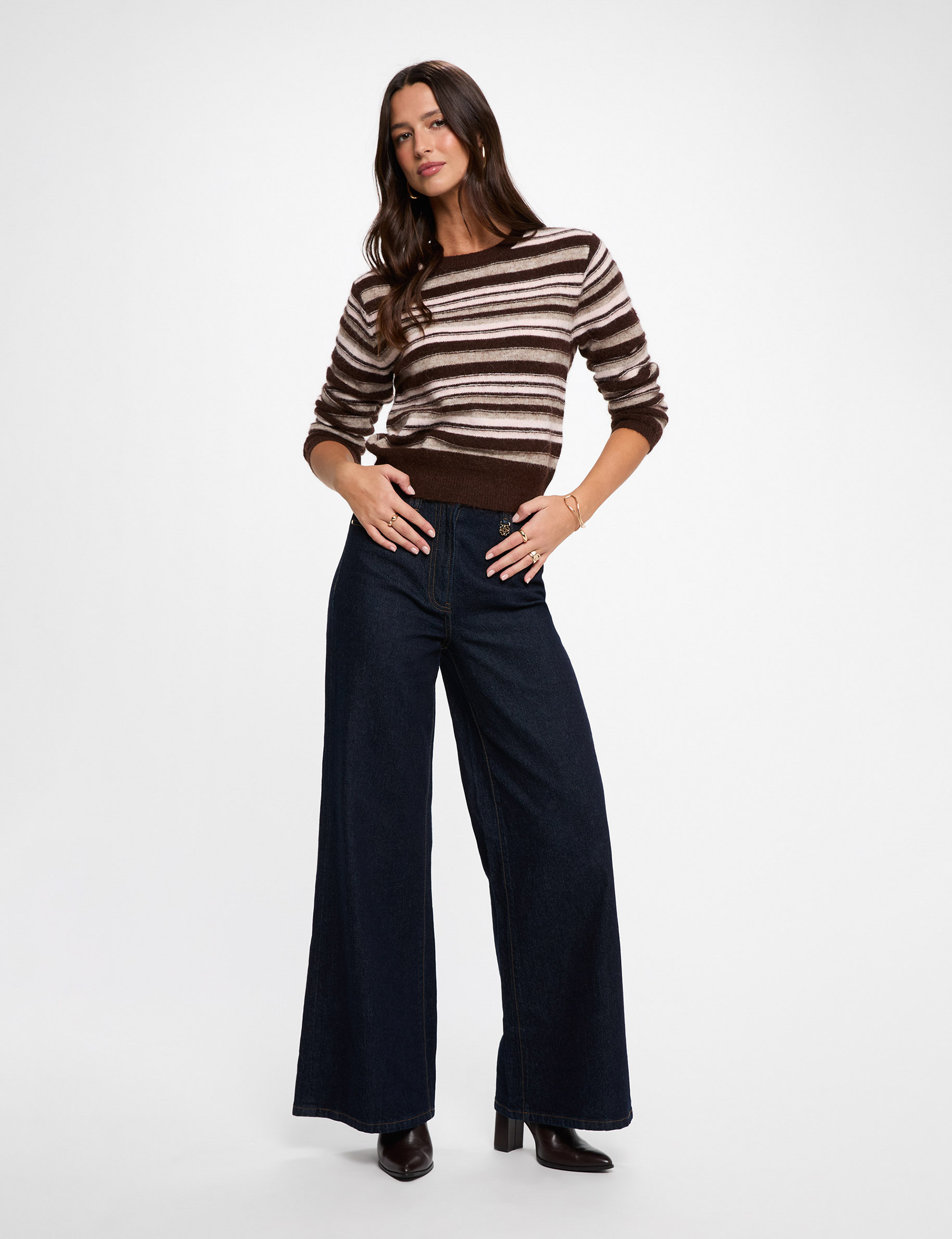Jersey de rayas con cuello redondo marr&oacute;n mujer